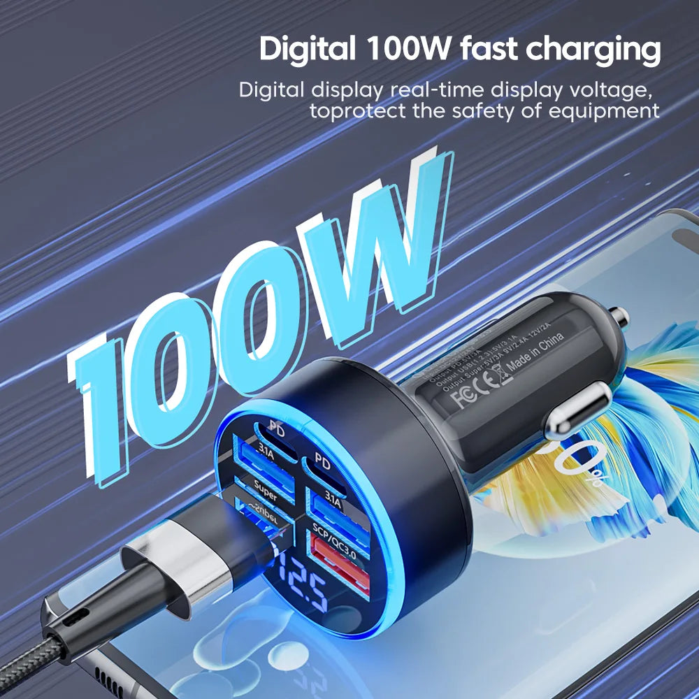 100W 6-Port Fast Car Charger with USB-C PD & QC3.0