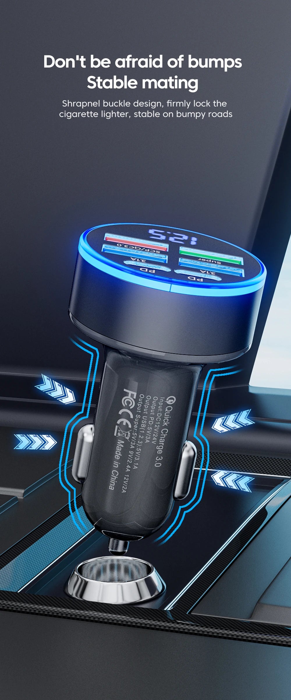 100W 6-Port Fast Car Charger with USB-C PD & QC3.0