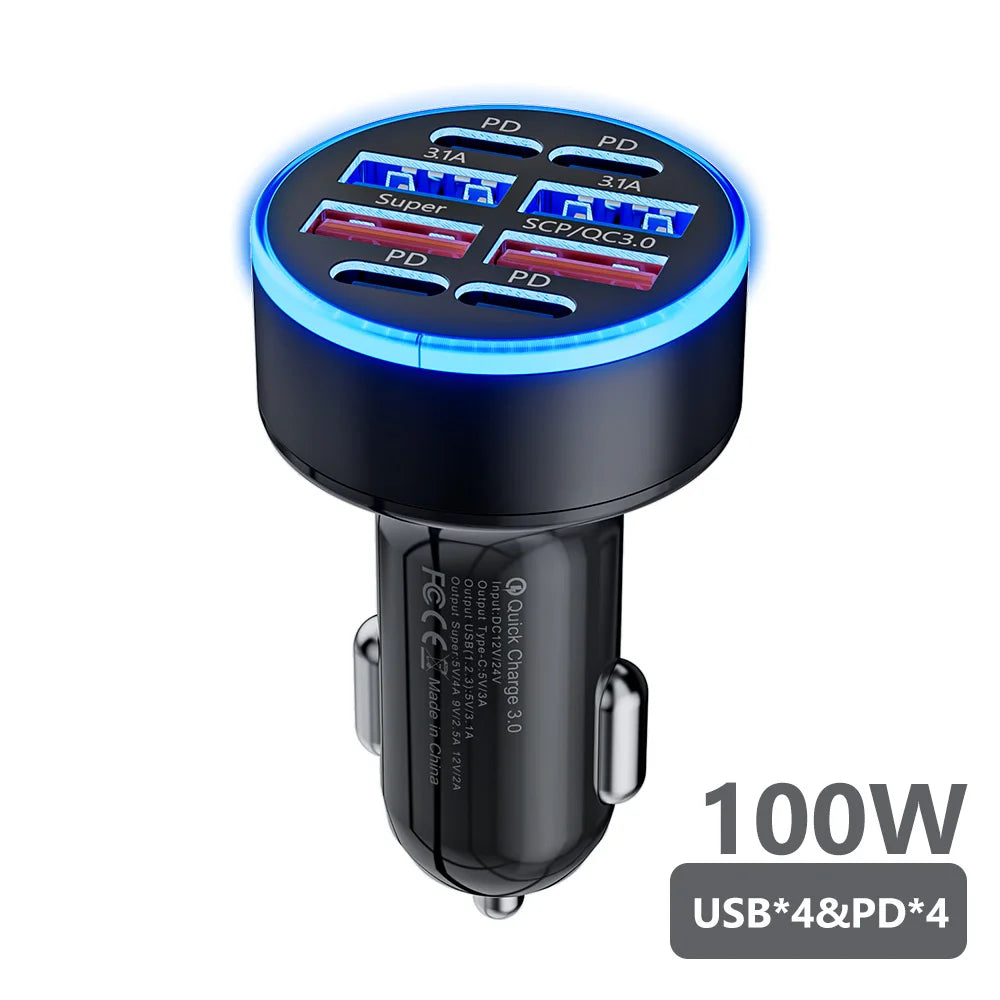 100W 6-Port Fast Car Charger with USB-C PD & QC3.0