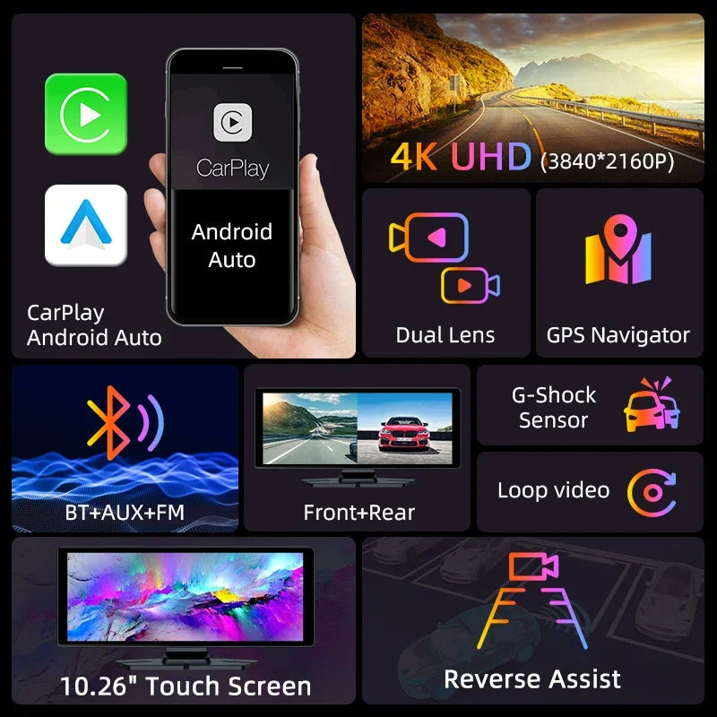 CarModernizer™ - 10.26" Ultra-Wide 4K Dash Cam with Wireless CarPlay & Android Auto