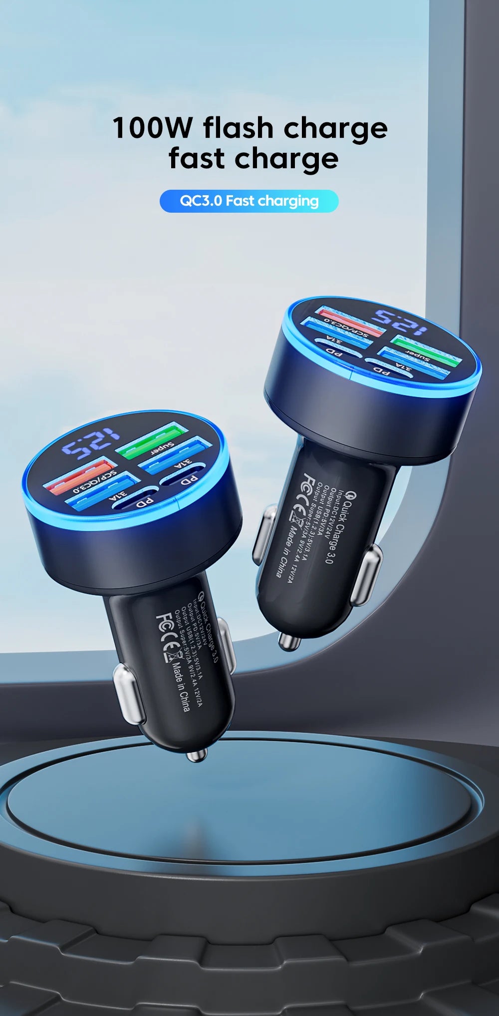 100W 6-Port Fast Car Charger with USB-C PD & QC3.0