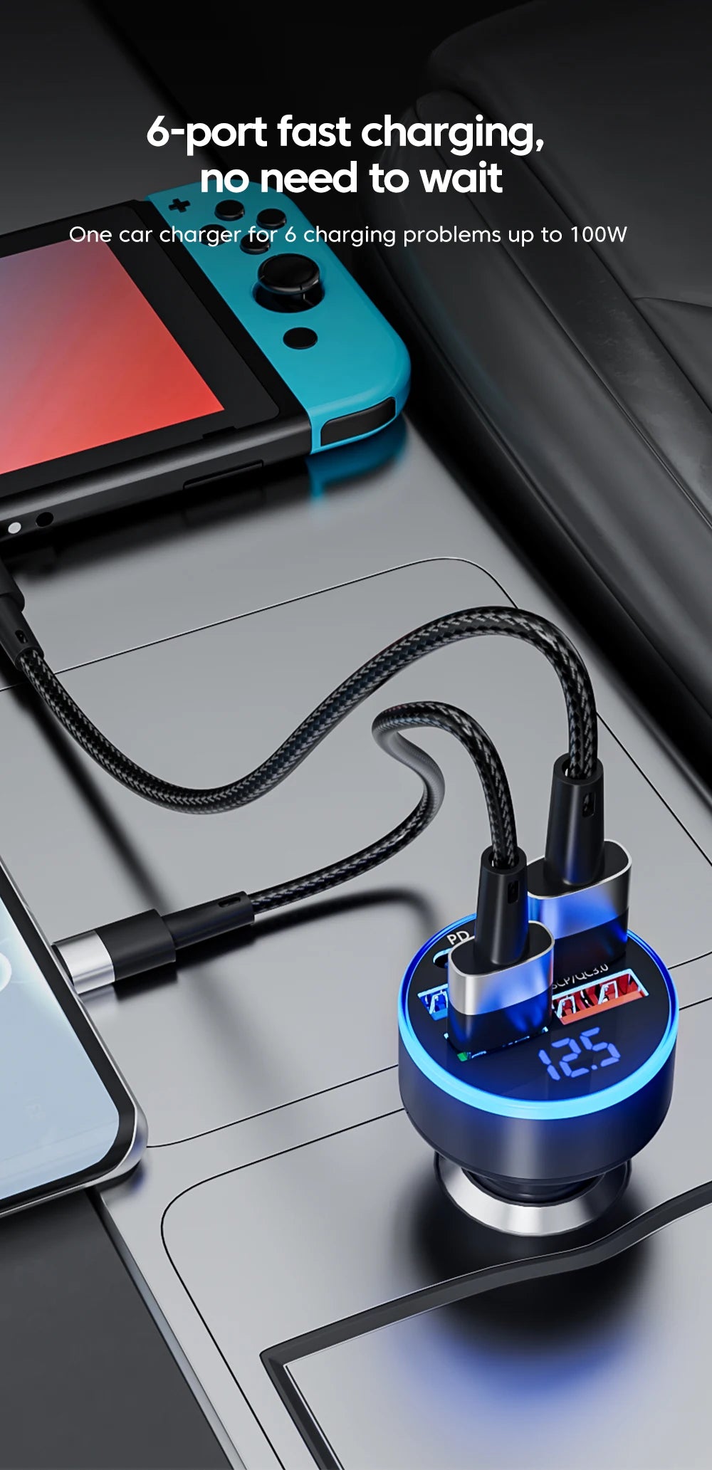 100W 6-Port Fast Car Charger with USB-C PD & QC3.0