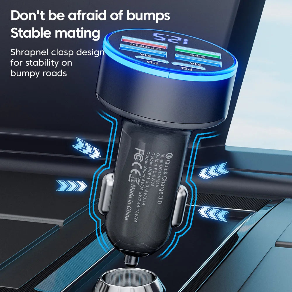 100W 6-Port Fast Car Charger with USB-C PD & QC3.0