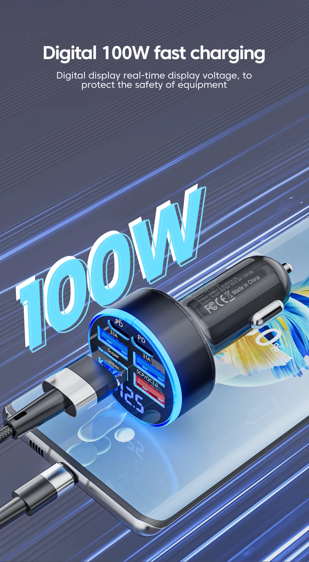100W 6-Port Fast Car Charger with USB-C PD & QC3.0