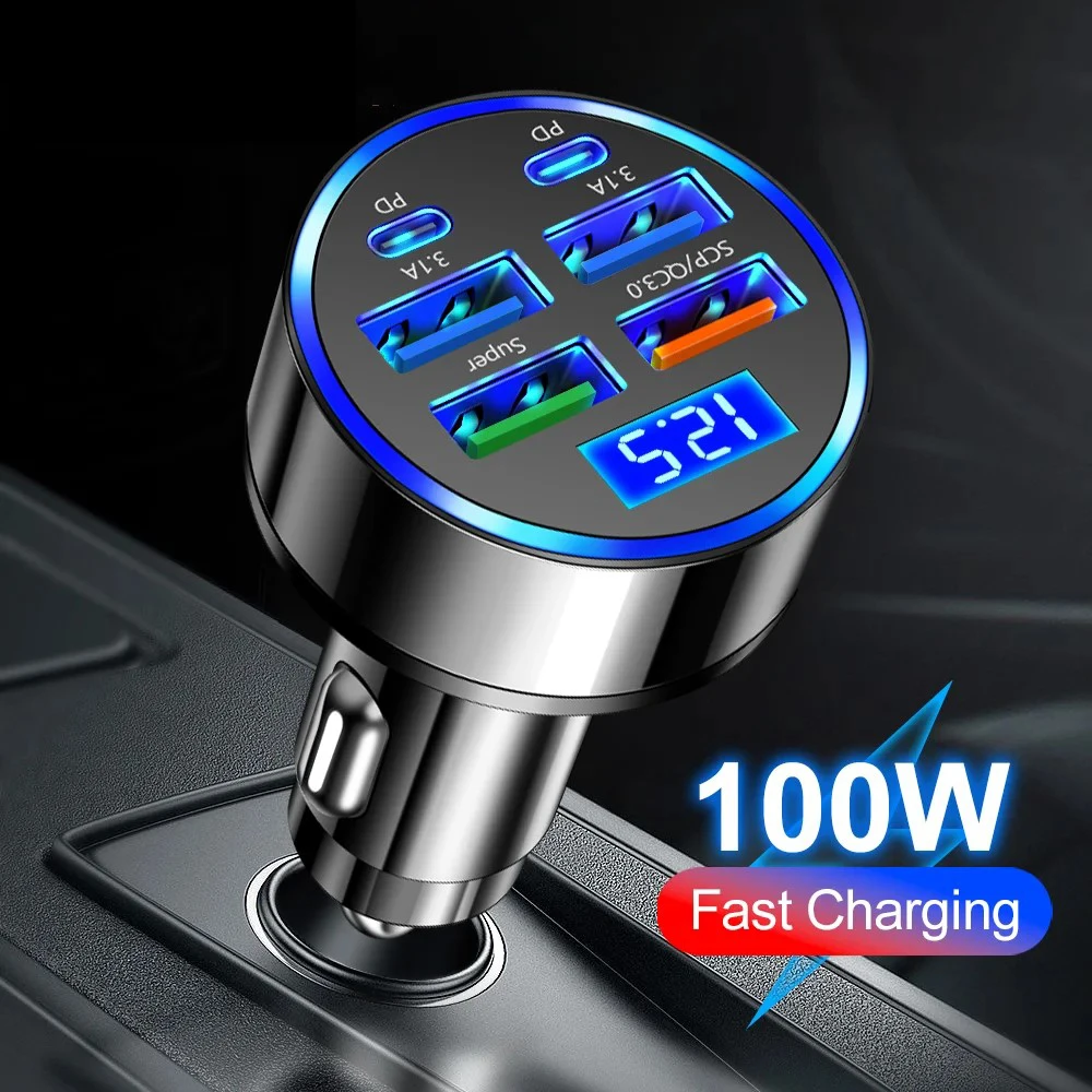 100W 6-Port Fast Car Charger with USB-C PD & QC3.0