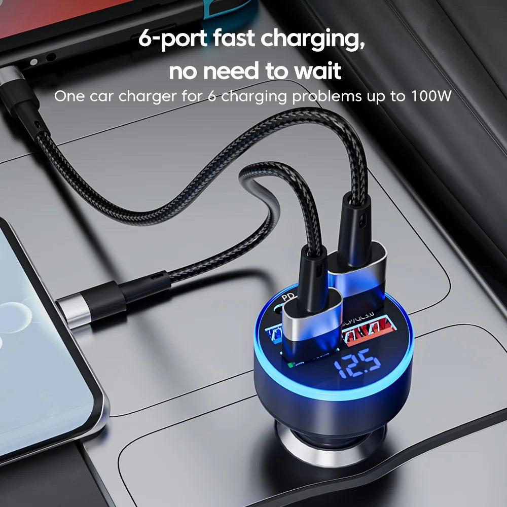 100W 6-Port Fast Car Charger with USB-C PD & QC3.0